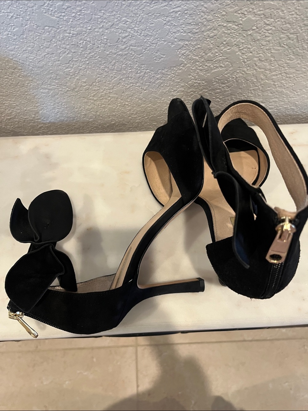 Louise et Cie Black Suede Open-Toe Heels with Ankle Bow - Picture 6 of 8